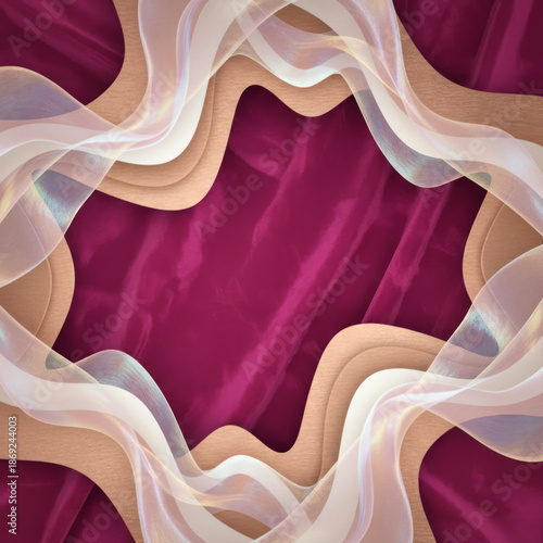 Abstract Pink Velvet Background With Curved Beige Ribbons And Soft Translucent Fabric Edges