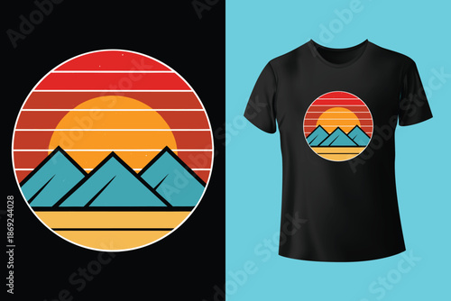 Dynamic black and white t shirt design featuring a snowboarder mid air against a mountain and forest landscape