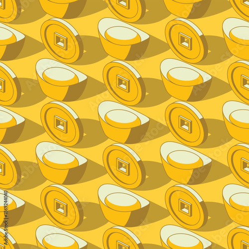 Sycee Gold ingot and gold coin isometric seamless pattern