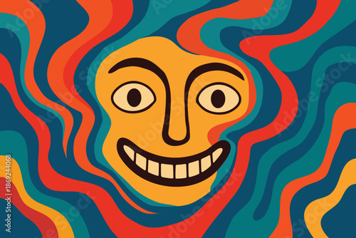 mental illnesses concept, face stare with weird whimsical smiling , colorful swirl smoke liquid background, cartoon vector	