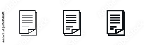 Text document with a folded corner icon in thin, regular, and bold outline styles. Digital files, written content, reports, records concept. Copy button. For apps and websites. Vector illustration