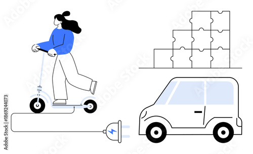 Electric mobility concept. Electric vehicle such as e-scooters, charging plugs, and compact cars eco-friendly transportation. Electric mobility fosters urban sustainability and innovation. For green