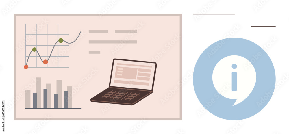 Obraz premium Business intelligence, data analysis, information sharing, tech education, report generation, digital tools. Graphs, charts laptop and info icon. Data analysis and business intelligence