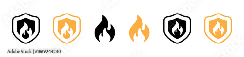 Set of shield and flame vector icons in black and orange colors collection