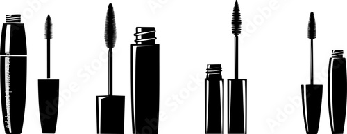 Graphic illustration of various mascara tubes and brushes, highlighting beauty products used for enhancing eyelashes.