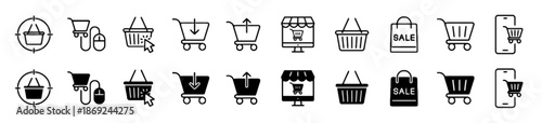 Set of Shopping Cart Icons in Outline and Filled Style for E-Commerce Design Targeting Purchase Adding Removing Online Store Sale Bag and Mobile Transaction Concept
