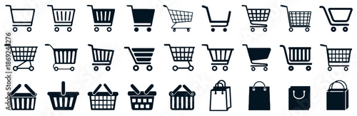 Set of Shopping Cart and Basket Icons Featuring Various Styles of Carts, Full and Empty, Handbags, and Bags for Online Stores and Supermarkets in Outline and Glyph Style on White Background