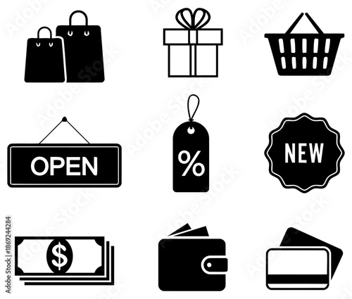 Set of Shopping Icons Featuring Bags, Gift, Basket, Open Sign and More