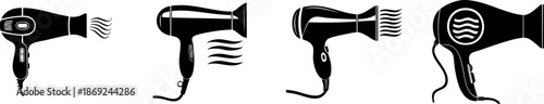 A series of four black silhouettes of hair dryers, each displaying different designs and airflow patterns.