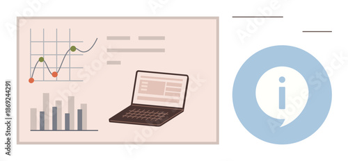 Business intelligence, data analysis, information sharing, tech education, report generation, digital tools. Graphs, charts laptop and info icon. Data analysis and business intelligence
