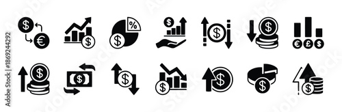 Set of Silhouette Icons of Economy Theme Including Currency Exchange Growth Graph Percentage Dollar Hand Investment Fluctuation Payment Decrease Increase Diagram