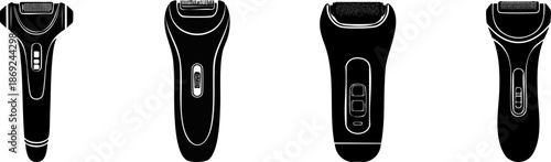 Four electric foot file devices designed for smooth and soft feet, showcasing various ergonomic shapes and controls.