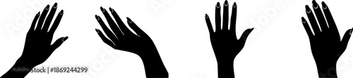 Four stylized black silhouettes of hands displaying various poses against a white background, emphasizing gesture and expression.