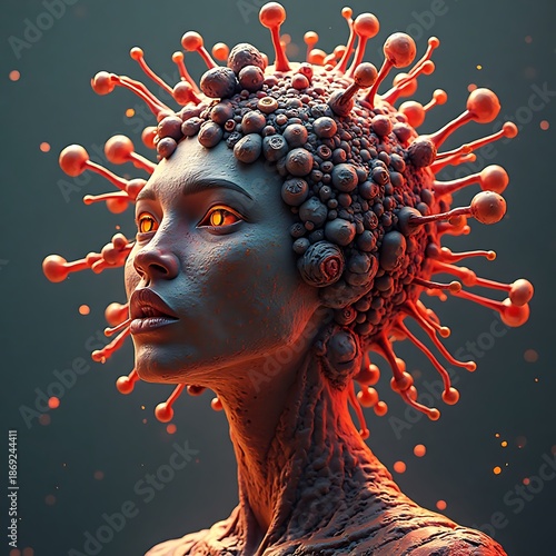 Abstract Female Figure with Red Spikes and Glowing Eyes Artistic Concept