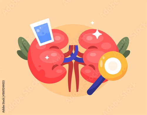 A World Kidney Day concept. Illustration of a kidney, a magnifying glass, and a glass of water. Awareness of maintaining kidney health. care about health. Flat design. Elements, symbols, orange backgr