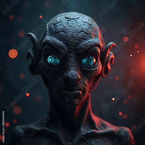 Alien Portrait with Bright Blue Eyes, Dark Skin and Unique Ears