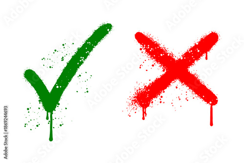 Green check and red cross marks spray paint stencil graffiti art