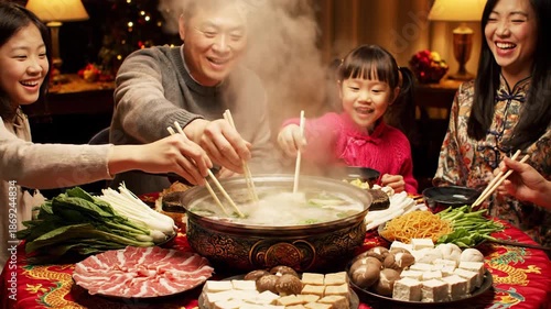Chinese New Year family hot pot celebration with Year of the Horse theme