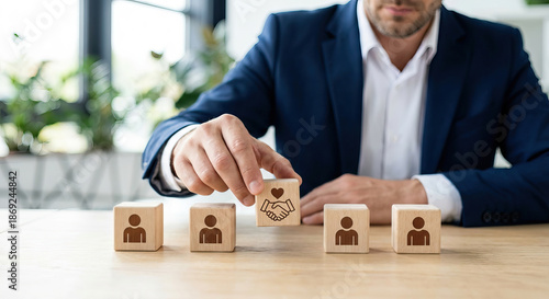 Businessman holding wooden block with hands holding heart icon representing care and support