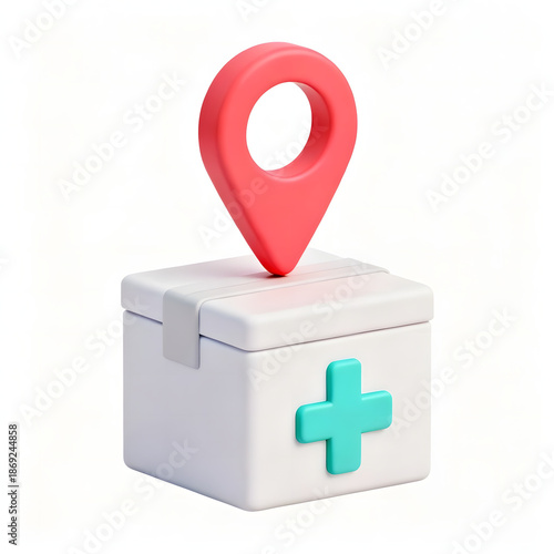 A stylized 3D icon depicting a white first aid box topped with a vibrant red map pin, set against a clean white background.