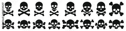 Set of skull and crossbones vector icons on white background representing danger, warning and toxicity with many different styles