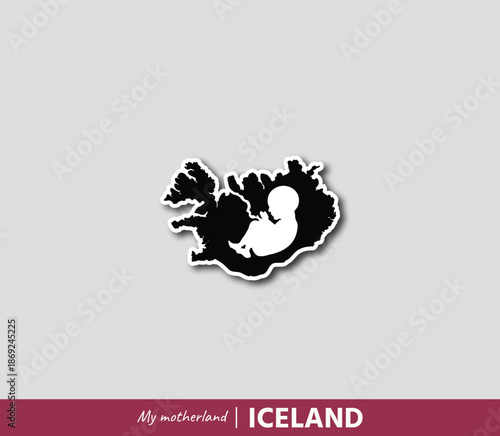 Powerful Iceland map illustration symbolizing birth, roots and national identity. Emotional motherland concept blending geography and human origin.