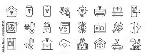 Set of Smart Home Line Icons such as Automation Security Temperature Control Device Technology Garage Cloud Computing Car Barn Fridge Thermostat