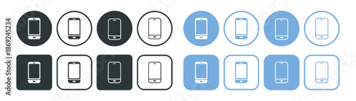 Set of Smartphone Vector Illustration with Solid, Outline and Color Version, Smart Phone Icon with Blue Smartphone
