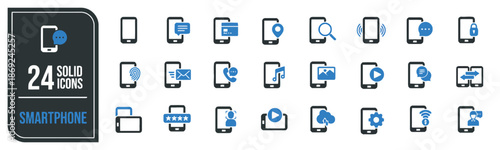 Set of smartphone solid icons vector stock mobile phone cell application multimedia service and mobile device concept symbols on white background for infographics and web design