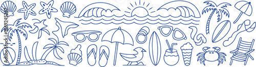 A vibrant collection of hand-drawn  beach and summer vacation elements in line art style
