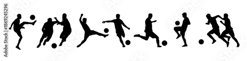 Set of soccer player silhouettes in action poses on white background