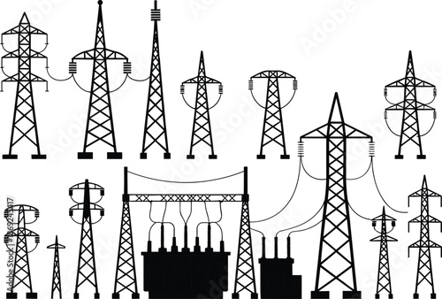 Electric power transmission towers and substation equipment flat vector illustration, energy infrastructure collection for electricity grid engineering design