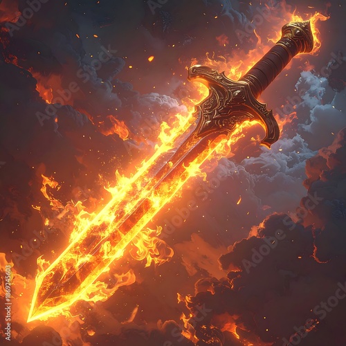 A burning, ornate sword floating amidst fiery clouds