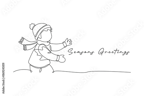 A child running happily in winter. Seasons Greetings concept. Single line draw design. Vector graphic illustration