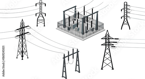 Electricity transmission structures illustration, power line towers and electrical substation, high voltage energy grid components for utility infrastructure design
