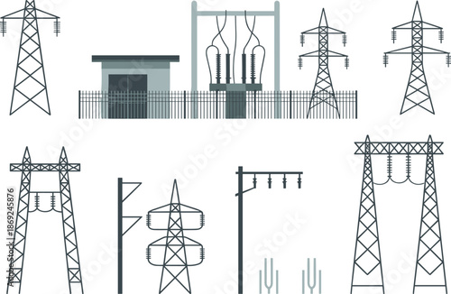 Electricity transmission structures illustration, power line towers and electrical substation, high voltage energy grid components for utility infrastructure design
