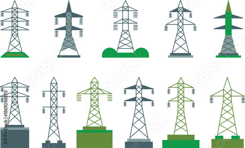 Electricity transmission tower icons set, power line pylons collection, energy infrastructure illustration, electric grid symbols, utility network design