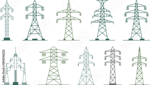 Electricity transmission tower icons set, power line pylons collection, energy infrastructure illustration, electric grid symbols, utility network design