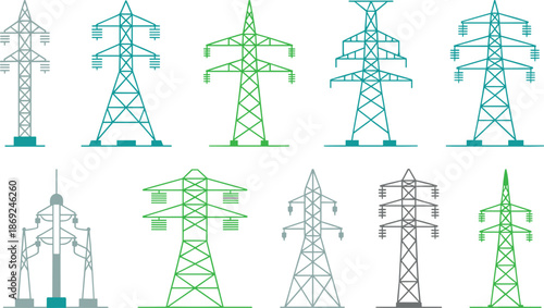 Electricity transmission tower icons set, power line pylons collection, energy infrastructure illustration, electric grid symbols, utility network design