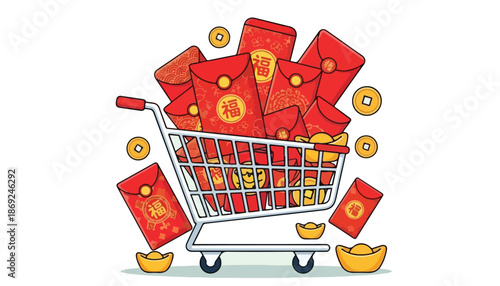 A shopping cart filled with red envelopes and gold coins, symbolizing prosperity and good fortune for Chinese New Year celebrations.