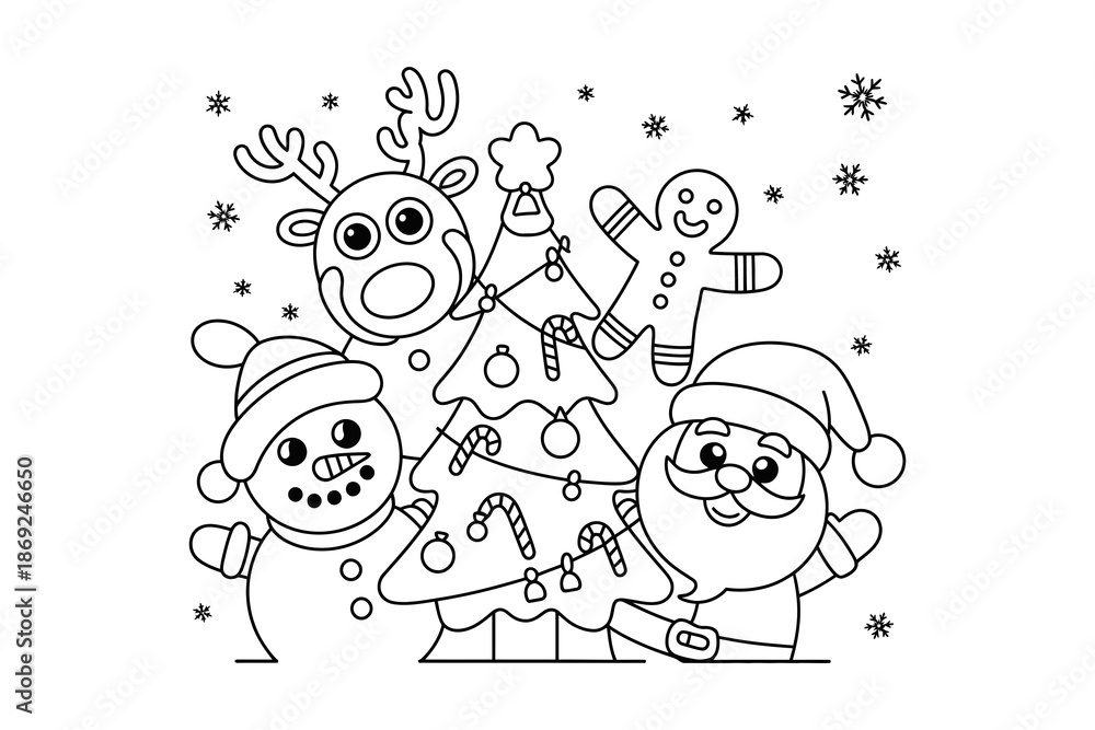 Naklejka premium A festive holiday scene with cartoon characters and a Christmas tree