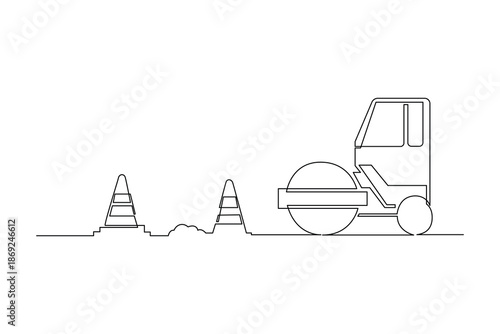 A road roller standing near traffic cones. Construction street dan building concept. Single line draw design. Vector graphic illustration
