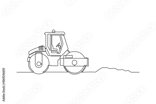 A road roller compacting the road surface. Construction street dan building concept. Single line draw design. Vector graphic illustration