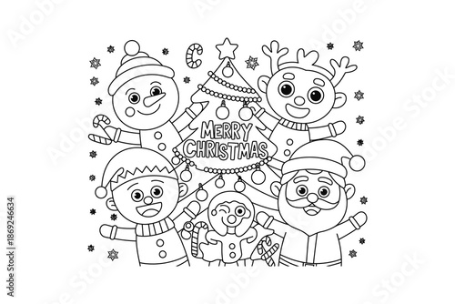 A black and white illustration of cartoon characters celebrating Christmas