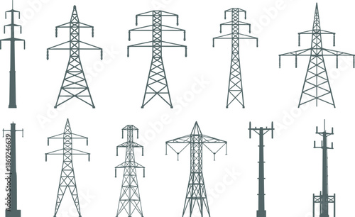 Electricity transmission tower icons set, power line pylons collection, energy infrastructure illustration, electric grid symbols, utility network design