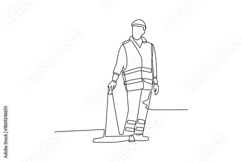 A road worker inspecting pavement quality. Construction street dan building concept. Single line draw design. Vector graphic illustration