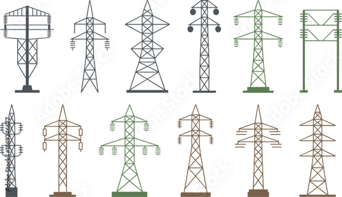 Electricity transmission tower icons set, power line pylons collection, energy infrastructure illustration, electric grid symbols, utility network design