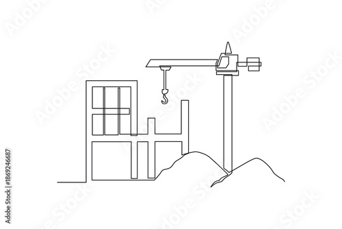 A tower crane operating at a building site. Construction street dan building concept. Single line draw design. Vector graphic illustration