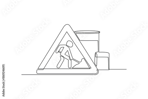 A roadwork warning sign at the site. Construction street dan building concept. Single line draw design. Vector graphic illustration