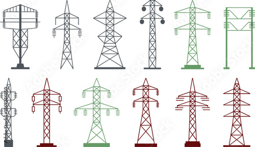 Electricity transmission tower icons set, power line pylons collection, energy infrastructure illustration, electric grid symbols, utility network design